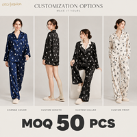 Ensemble deux pièces pour femmes, imprimé chat noir, vêtements de détente, aspect satiné, vêtements de nuit, col cranté, fabrication sur mesure, vente en gros