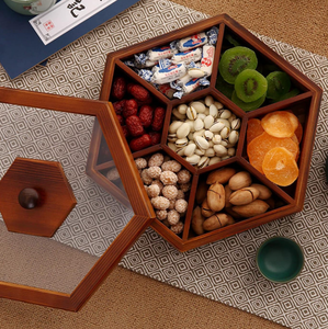 Kotak Penyimpanan Buah Kering Heksagonal Kayu 7 Sekat, Kotak Permen dan Camilan, Diskon Besar - Product Image 3