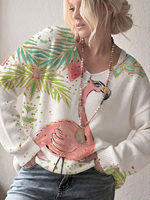 Pull en tricot pour femme à imprimé flamant rose, col en V, manches longues, motif palmier tropical, blanc