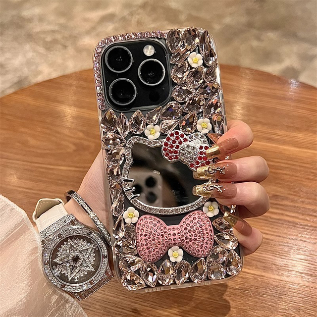 Luxury Cartoon Cat Mirror Bling Glitter Phone Case for iPhone 17 15 14 13 Pro Max Rhinestones Bow Women Cover for iPhone 11 16