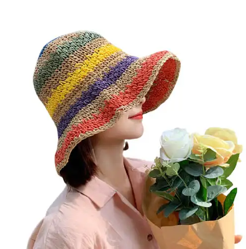 Chapéu tipo bucket hat, chapéu feminino listrado de mão crochetado com fio ajustável