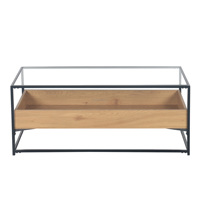 Table basse de salon en verre trempé au design épuré, avec structure en métal noir et rangement en bois, mobilier d'intérieur