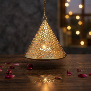 5-Inch Brass Cone Candle Holder with 2-Color UV Printed <b>Lantern</b> Design for Home Decoration Easter Table or Hanging Displays - Product Image 3