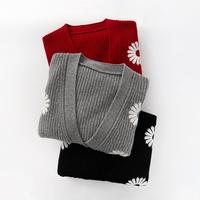 Sweter wol 100% wanita kustom jaket rajut bordir bunga kardigan atasan V-Neck bergaris hangat untuk wanita