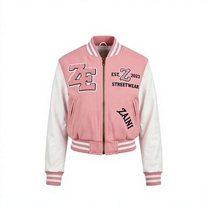Blouson universitaire unisexe coupe-vent à col montant en tissu laineux, panneau contrastant rose et blanc, broderie chenille personnalisée, style urbain - Product Image 1