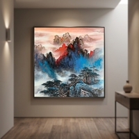 Décoration Murale Carrée Personnalisable : Art Paysager Chinois sur Papier Xuan Peint à la Main, Cadre de Luxe, Couleurs Vives Effet Éclaboussures (Shanshui)