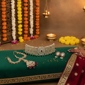 Ethnic Kundan Gold-Plated High Quality Latest Designed Bridal Choker Necklace Earring <b>Set</b> Green Enamel Turquoise <b>Beads</b> - Product Image 3