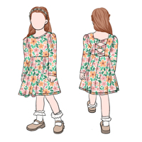 Populaire Nouveau Design Automne Floral Motif Personnalisé Manches Longues Bouffantes Enfants Filles Robe avec Noeud Arrière
