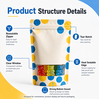 Pochette personnalisée avec logo en relief pour bonbons, faible MOQ, refermable avec fermeture éclair, fenêtre transparente, emballage souple de qualité alimentaire pour bonbons gélifiés