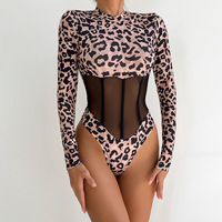 Body tendance imprimé léopard pour femme, en maille patchwork séduisante, sculptant, col montant, une pièce, tailles S-L
