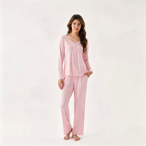 Pyjama en viscose de bambou tricoté uni pour femme, vêtements de nuit respirants, vêtements de nuit personnalisés, vêtements de nuit et de détente pour la maison - Product Image 5