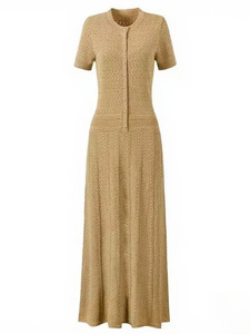 <span class=keywords><strong>Robe</strong></span> longue élégante en tricot crochet pour <span class=keywords><strong>femme</strong></span>, avec boutons sur le devant, manches courtes, ajourée, décontractée, moulante, pour l'été - Product Image 4