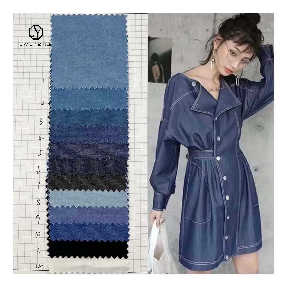 high-quality Jean rolled blue indigo yarn 45 polyester 52 rayon 3 spandex denim fabric shoulder pants/skirt