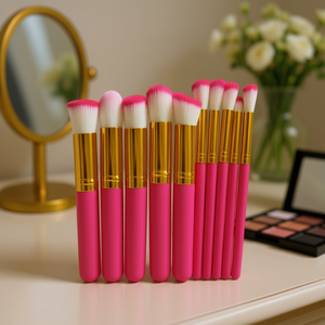 Juego de brochas de maquillaje Myrva, 10 piezas, brochas Kabuki de pelo sintético, mango rosa dorado para aplicación facial - Product Image 2