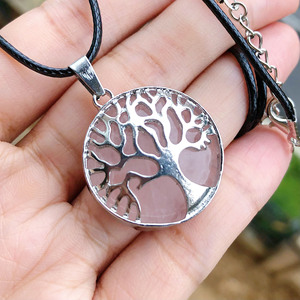 Pietra naturale con intagliato albero della vita in lega tecnica incisione rotonda di cristallo turchese collana pendente - Product Image 4