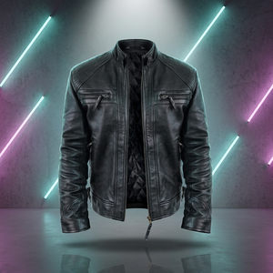 Chaqueta de Motociclista de Cuero Negra para Hombre, Cuello Alto, Cierre de Cremallera, Estilo Biker - Product Image 1