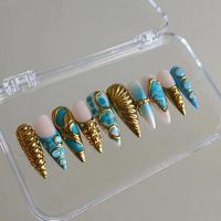 Ongles press-on 3D vert et or avec strass, faux ongles stiletto nude de luxe avec décorations en cristal, faux ongles faits main sur mesure