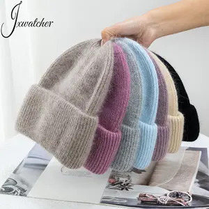 Outdoor Double Flap Thick Fluffy Angora Rabbit Fur Beanie Hat Striped Wholesale Unisex Women Winter Custom Blank Knit Beanies