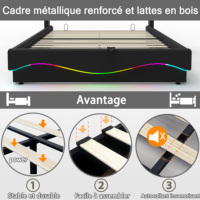 Cadre de lit rembourré moderne avec éclairage LED RGB, rangement hydraulique sous le lit, étagère de tête de lit avec port de charge et télécommande
