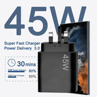 Chargeur mural PD Type-C 45W, prise UK, adaptateur d'alimentation à charge rapide, port USB-C unique, chargeur portable pour téléphone et ordinateur portable