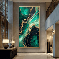 Peinture à l'huile abstraite moderne de luxe vert émeraude et or, grande taille, texture marbre agate, art mural