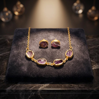 Ensemble collier et boucles d'oreilles en améthyste plaqué or bohème pour femmes, avec détails de chaîne à maillons faits à la main, bijoux statement pour mariage