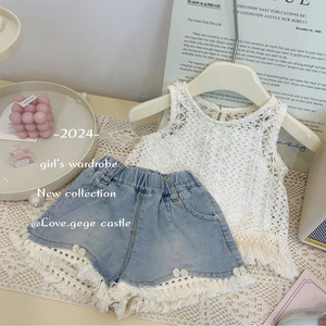 Tongxingyuan Girls Summer Hollow Vest Denim Shorts Set Cotton Two Piece Outfit - Product Image 2