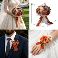 DREA Retro Karamellfarbener Seiden-Kunstblumenstrauß Brautstrauß Hochzeit Brautjungfern Orange Corsage Handgelenk-Blumenset