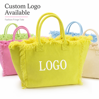 Tas Pantai Tote Besar Warna-Warni Modis Kapasitas Besar dengan Logo DIY dan Rumbai, Tas Jinjing Portabel dengan Resleting untuk Perjalanan dan Belanja