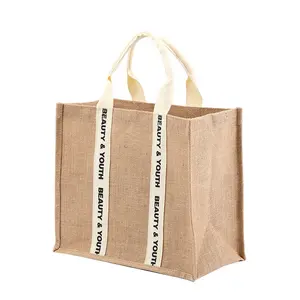 Wholesale Large Natural Reusable Recycled Burlap Hemp Tote Bag Customizable Eco-Friendly Jute Tote Bag Shopping Bag With Logos