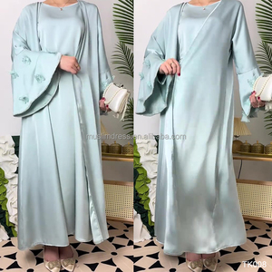 Conjunto de Abaya Informal Musulmana para Mujer <span class=keywords><strong>Habib</strong></span>, Satén, 2 Piezas, Manga Acampanada, Azul Cielo, Abaya Abierta, Venta al Por Mayor - Product Image 1