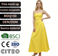 Robe mi-longue jaune pour femme, bretelles spaghetti, col carré, silhouette évasée, élégante robe de soirée d'été, tissu extensible