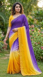 Reversible Silk <b>Saree</b> <b>Orange</b> Blue Ombre Design Embroidered Border Women Traditional Indian Wedding & Party Wear - Product Image 6