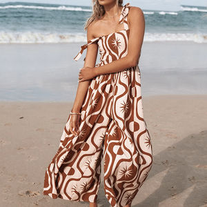 Nuevo mono largo de lino y algodón de lujo con estampado playero, plisado y de pierna ancha con tirantes - Product Image 1