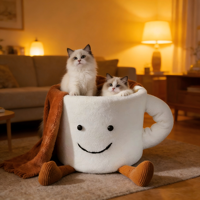 Nouveau Nid pour Chat en Polaire Corail, Moderne, Confortable, Ludique, Personnalisable, Design Créatif et Amusant, Haute Valeur Esthétique, Chaleureux, en Forme de Tasse à Café