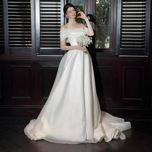 French Style Off Shoulder Wedding Dress White Natural Waistline Short Train Elegant Brides Gown Coming Of Age Ceremony - Product Image 2