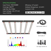 HongYi 720W + 60W 6 barres LED élèvent la lumière double canaux de contrôle avec large spectre PPE 2.7umol/J hydroponique spectre complet + FR et UV