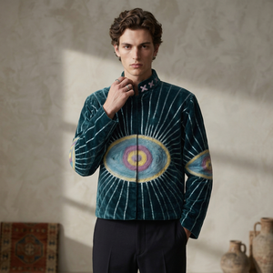 Teal Green Velvet Stand Collar Jacket Men Vintage Suzani Print Ethnic Open Stitch Outerwear Bohemian Style Eco-Friendly <b>Winter</b> - Product Image 1