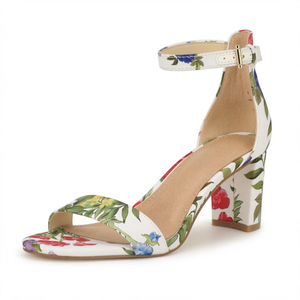 Sandalias de tacón de satén floral para mujer, con punta cuadrada, correa al tobillo, tacón de bloque, punta abierta, zapatos de vestir de verano - Product Image 1