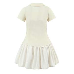 Robe courte décontractée à la mode pour femmes, col rabattu, couleur beige, manches courtes, laçage sur le devant - Product Image 3