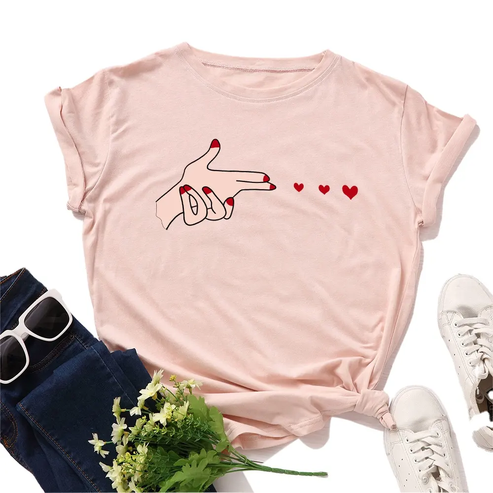 Heart Printed Young Girls Lady Casual T Shirt Women Short Sleeves Round Neck Daily Top