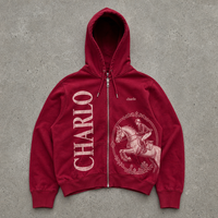 Sweat à capuche unisexe épais en mélange de tissus, zippé, motif équestre, rouge bordeaux, streetwear, personnalisable OEM ODM, vente en gros