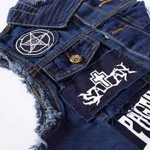 Gilet in Denim OEM/ODM per <span class=keywords><strong>Uomo</strong></span>, <span class=keywords><strong>Blu</strong></span> Scuro Senza Maniche con Patchwork e Graffiti, Produzione all'Ingrosso, Basso MOQ, Spedizione Rapida - Product Image 6