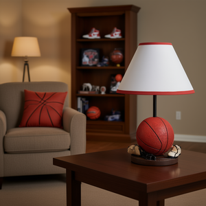 Lampe de table sur le thème du basketball, abat-jour conique de 16 pouces, ampoule LED E26, corps en verre, abat-jour en tissu blanc, lumière blanche neutre 4100K - Product Image 2