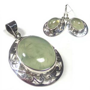 # Prehnite 925 Sterling Silver Handcrafted Wholesale Jaipur Jewelry Set With Pendant Earrings Natural Green Gemstone - Product Image 1
