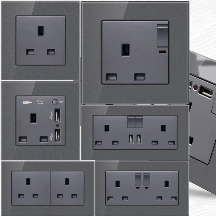 multi-functional grey tempered glass wall socket panel British standard Hong Kong version usb switch wall socket
