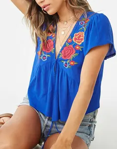 Blusa bordada floral com gola em v, nova blusa de verão da moda para mulheres, estilo boho, bordado, 3015, 2023