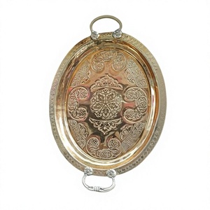 Bandeja de Servir Ovalada de Metal Grabada a Mano Estilo Marroquí, Bandeja Decorativa de Latón Plateado Vintage para Té y Café con Asa - Product Image 1