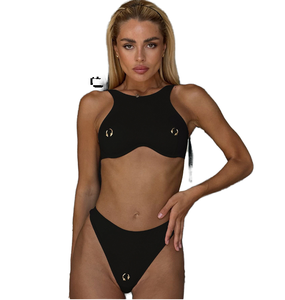 Women's High Neck Two-Piece Underwire Bikini with Dot Print and Drawstring - Product Image 1