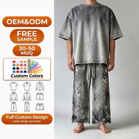 Pantalon de jogging ample gris vintage personnalisé, effet usé, bords effilochés, coupe large, avec cordon de serrage, en coton bouclette, pour homme, style streetwear